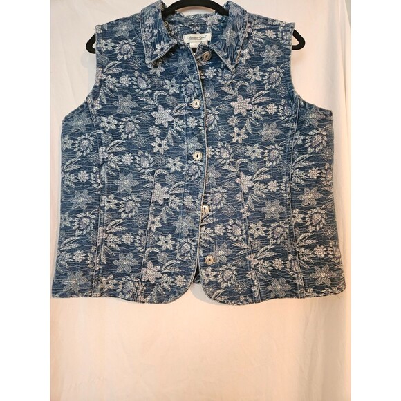 Coldwater Creek Vest STRETCH DENIM Size L Jacquard FLORAL EMBROIDERY Embroidered - Picture 1 of 6